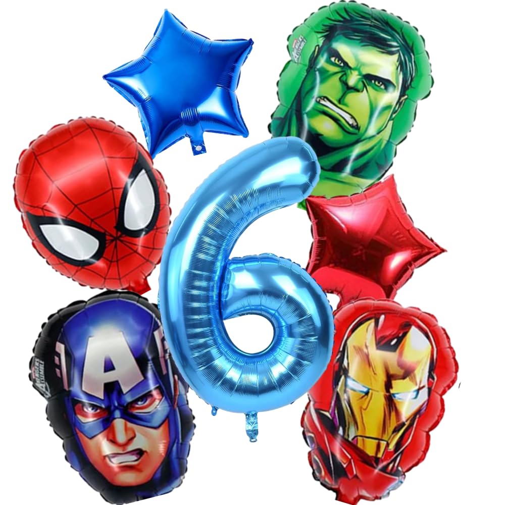 7 Pcs Avengers Theme Birthday Decoration for Boys 6th Super Hero Sixth Birthday Balloons (Multicolor) Aluminium