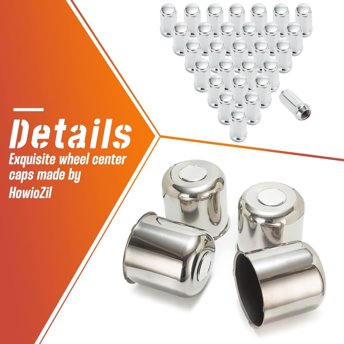 4-Pack Trailer Push Through Center Caps and Trailer Wheel Lug Sets - 5.15in Wheel Center Caps Chrome Wheel Cover Stainless Steel Hub Cap with 32 Chrome Capped 9/16″-18 Lug Nuts for Truck RV