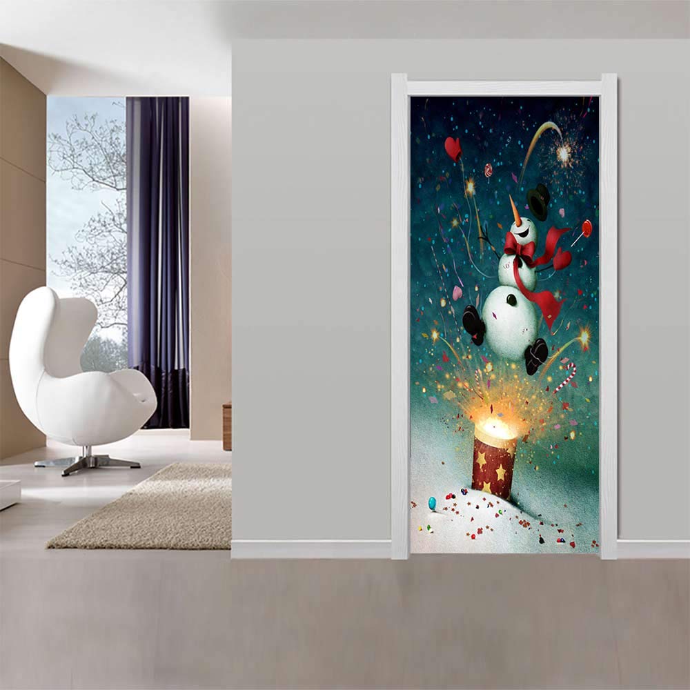 Sticker porte trompe l'oeil Noël bonhomme de neige 88x200cm pour déco intérieure
