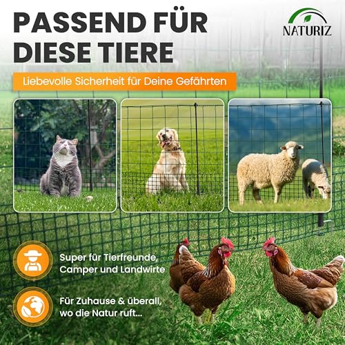 NATURIZ® Weidezaun 105cm hoch - mobiler Hundezaun & Hühnerzaun extrem stabil, Camping Zaun für Hunde ohne Strom, Begrenzungszaun, Gartenzaun, Steckzaun, Geflügelnetz (15m)