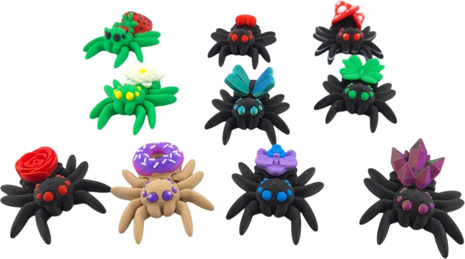 3D Printed Spider Pack - Set of 10 Unique Spiders - Clover, Rose, Orchid, Heart, Crystal, Fairy, Strawberry, Donut, Mushroom and Water Lily Designs - Collectible Fidget Toys
