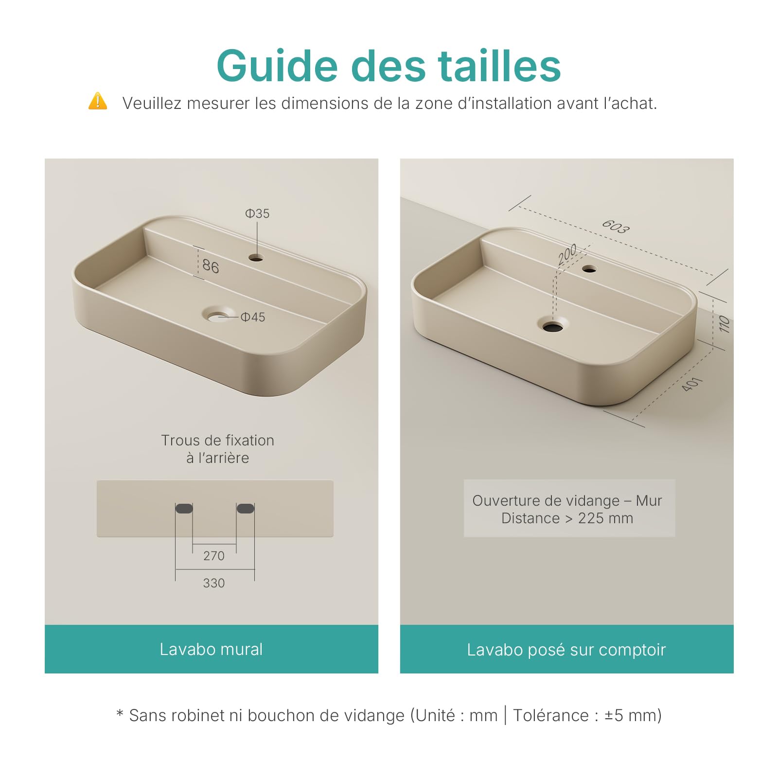 EMKE Vasque à Poser Design 60 x 40 cm, Beige Mat | Lavabo de Salle de Bain Rectangulaire en Céramique Artisanale, Cuve de Élégante et Intemporelle (Sans Robinet ni Bonde)