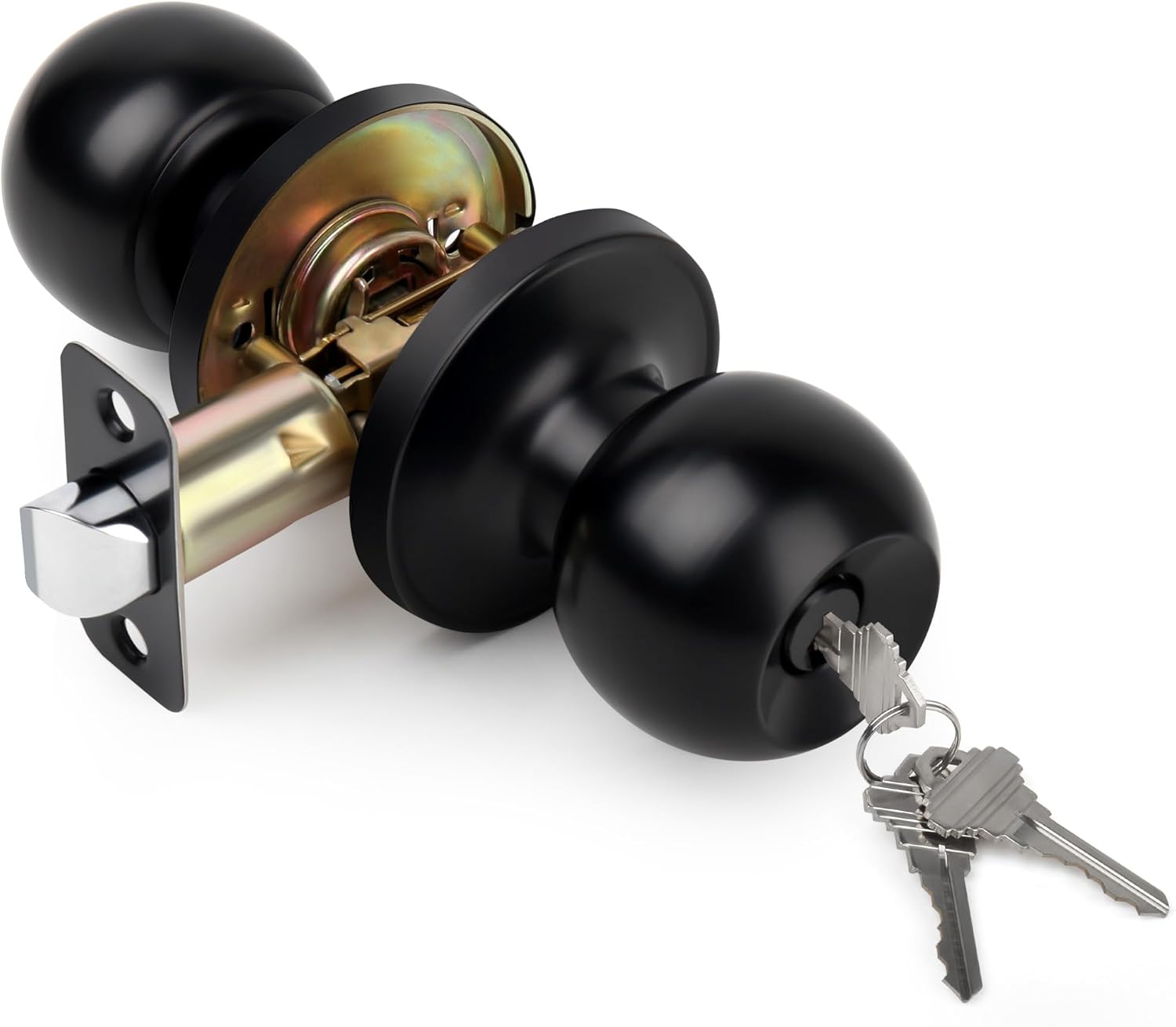 Keyed Entry Door Knob, Ball Design Doorknob for Interior Exterior, Reversible Round Door Lock for Front Entrance Doors, Matte Black