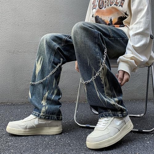 Baggy Jeans Men Zipper Emo Y2k Jeans Men Tie Dye Streetwear Relaxed Fit Wide Leg Denim Pants with Metal Chain2