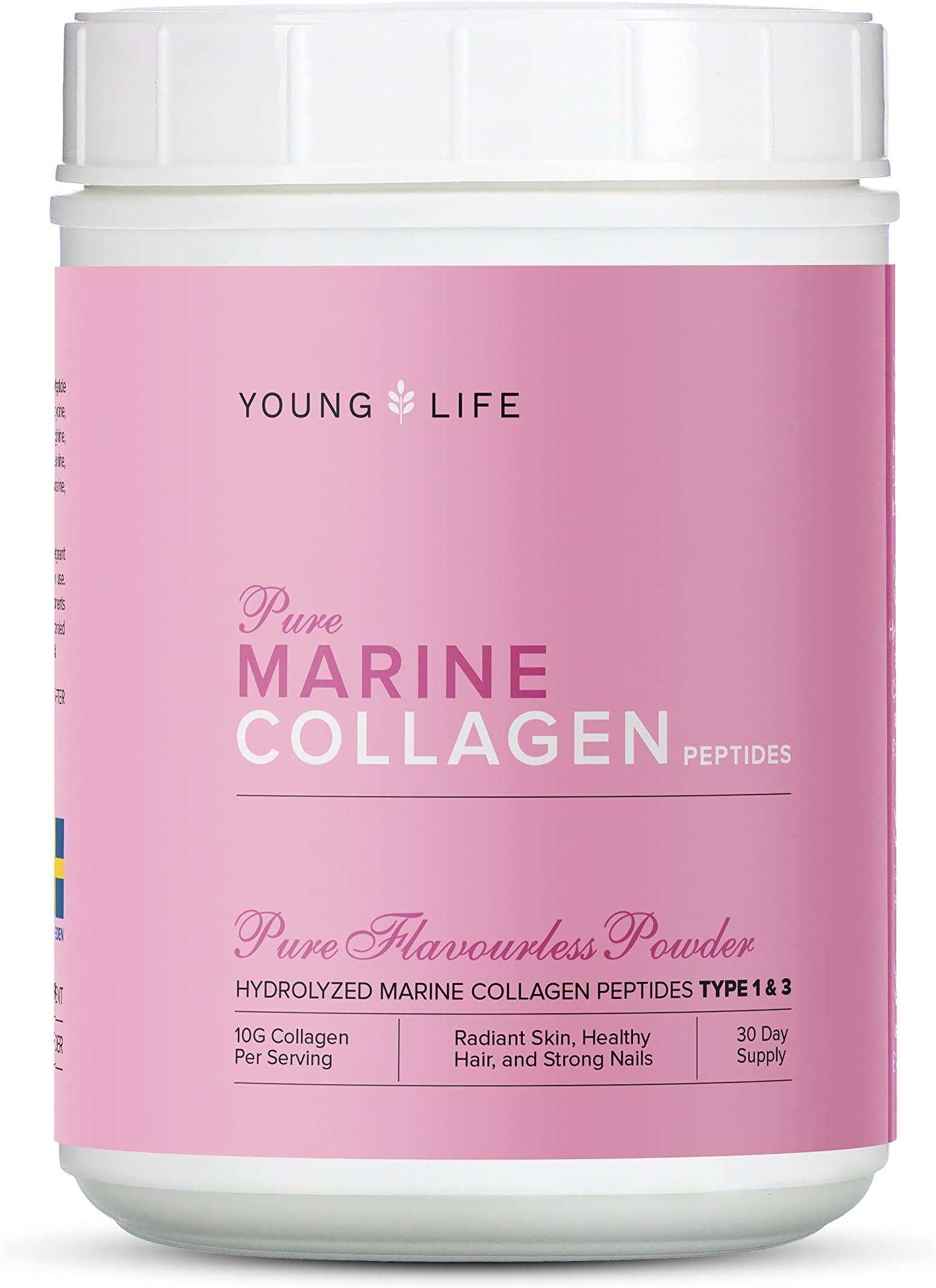 Young Life Pure Marine Collagen Peptides | Skin, Hair, & Nails | Swedish Hydrolyzed Collagen 10000 mg Type 1&3 | 300g Unflavored Powder | 30 Servings
