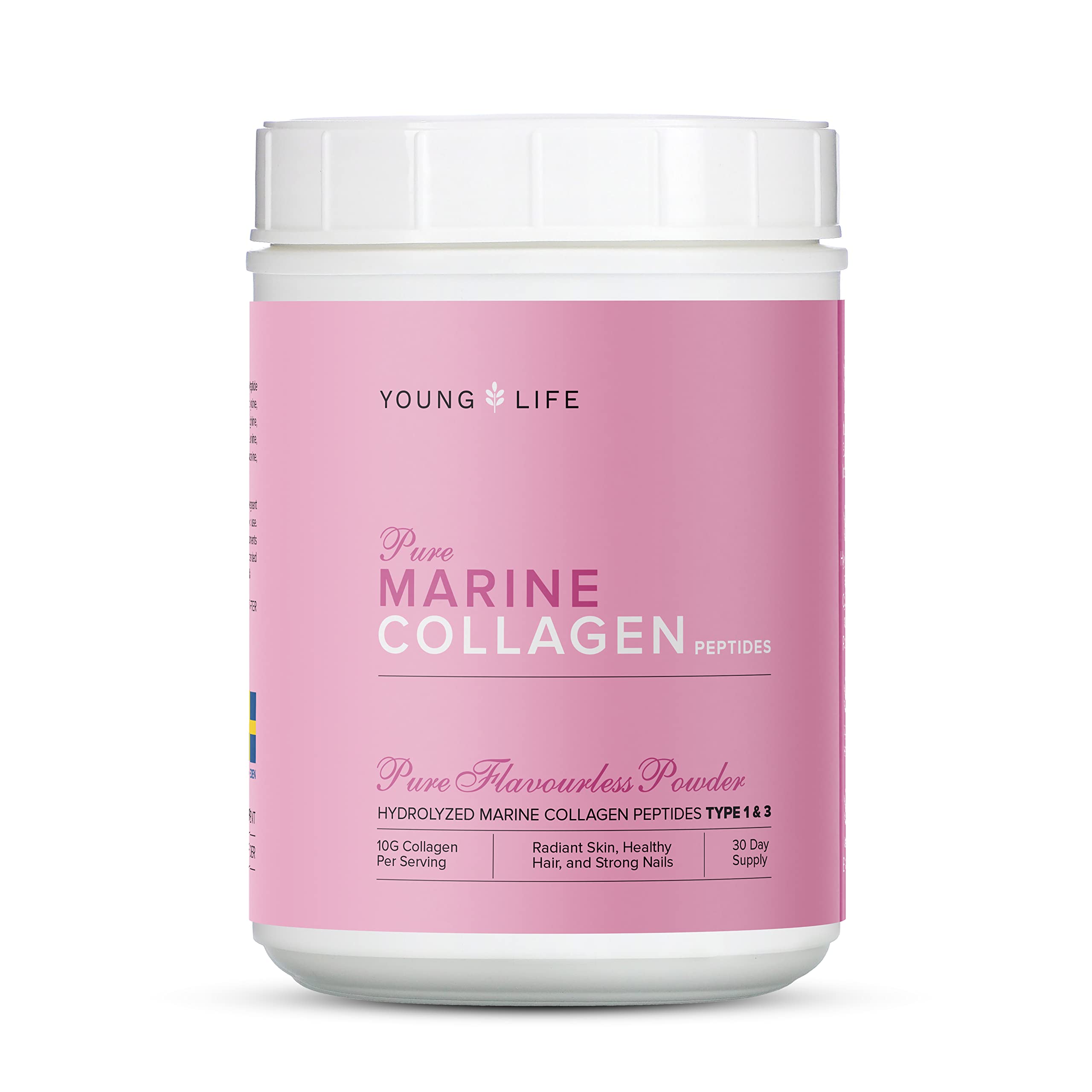 Young Life Pure Marine Collagen Peptides | Skin, Hair, & Nails | Swedish Hydrolyzed Collagen 10000 mg Type 1&3 | 300g Unflavored Powder | 30 Servings