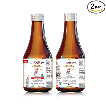 HealthBest Kidbest Multivitamin (200ml) & Kidbest Iron Haematinic Syrup (200ml) for 3-13 Years Kids | Combo Set