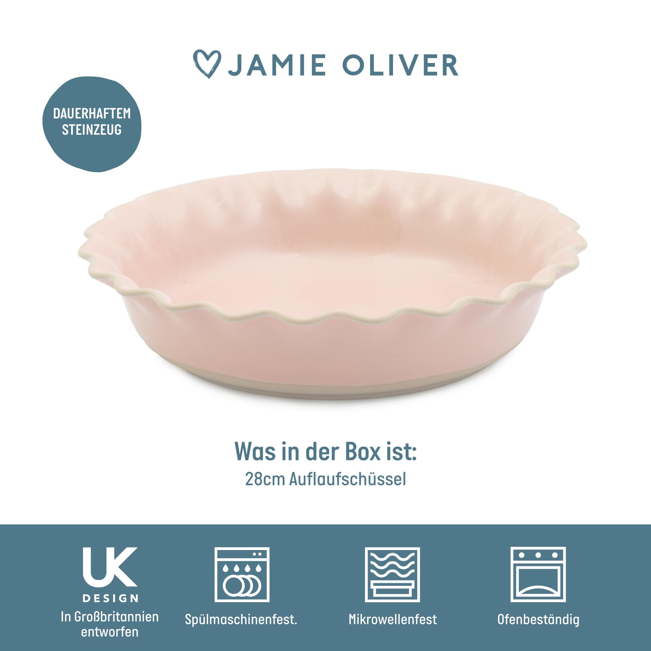 Jamie Oliver Big Love Richtige Kuchenform, Runde Steingut-Backform mit Wellenkanten, spülmaschinen- und mikrowellengeeignet, Rosa, 28x6cm