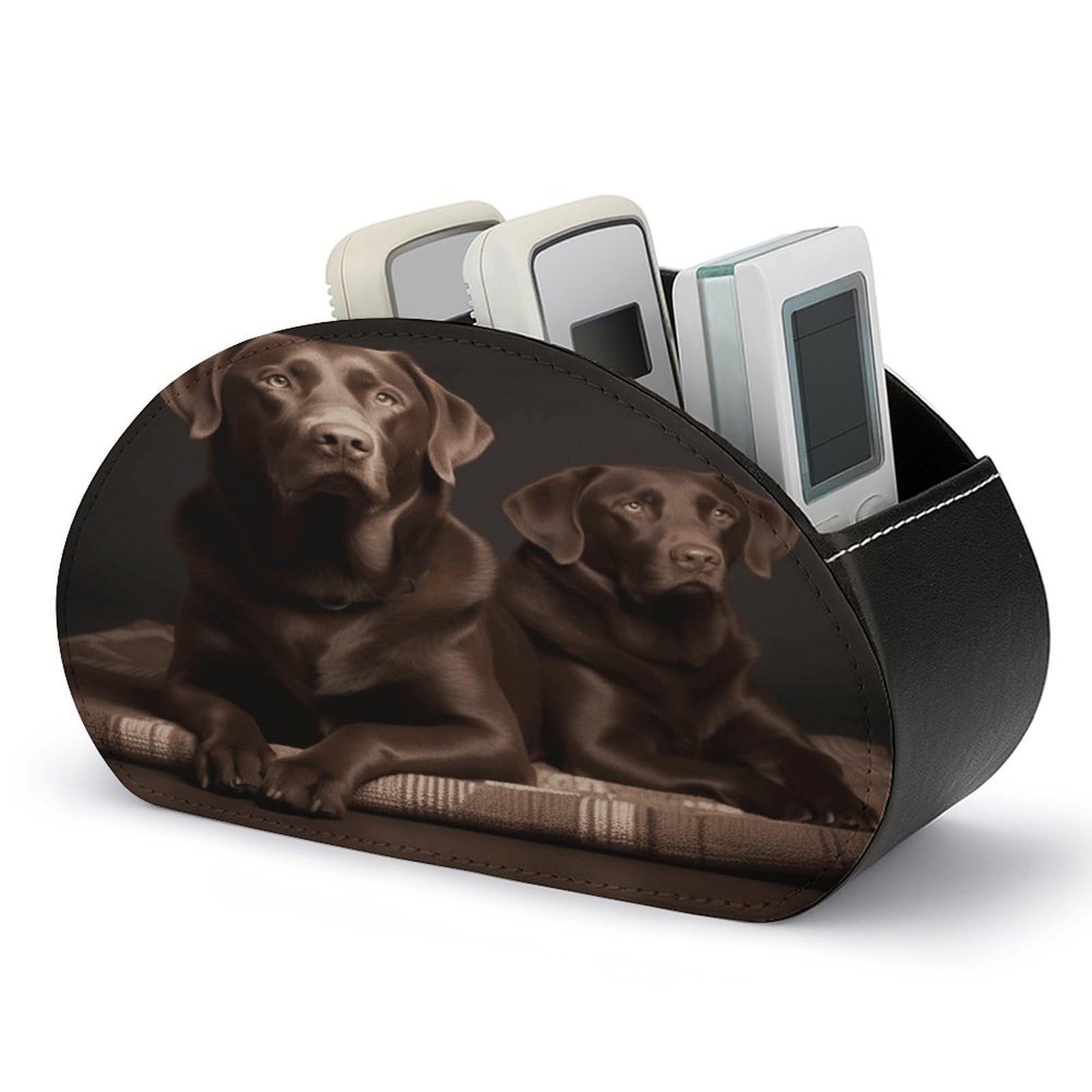 VstaDank Brown Labrador Retriever Remote Control Holder with 5 Compartments PU Leather Remote Caddy Desktop Organizer Store TV Remote Control Storage Box for Home Office Desk Nightstand