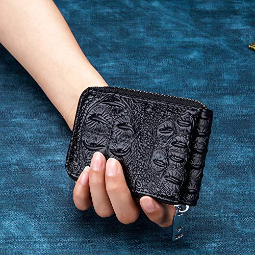 Wallets Genuine Leather For Womens Mens Crocodile Skin Embossed Coin Purse Mini Card Case Holder Zipper Pockets (Black,One Size)3