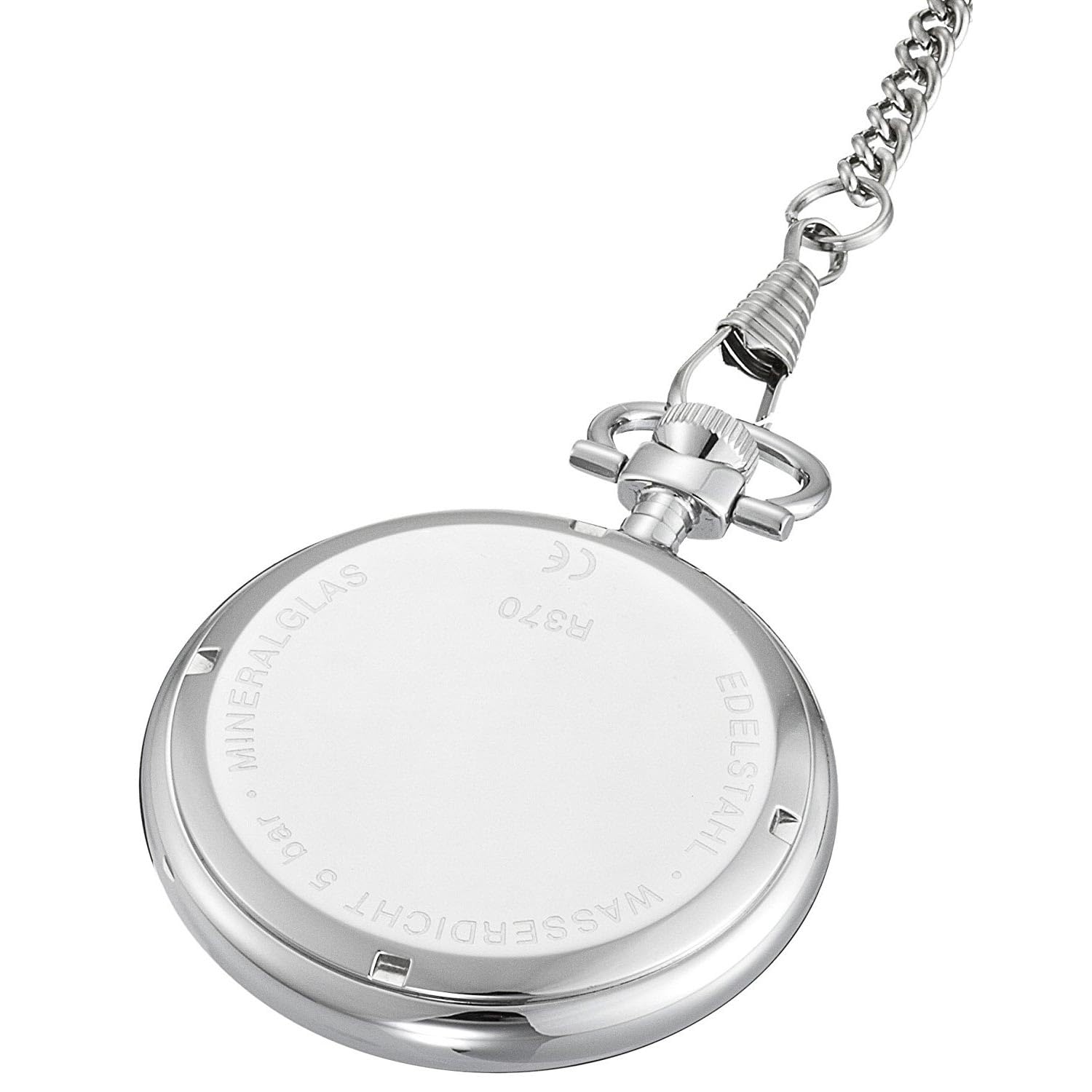 Klassische Taschenuhr mit Kette, Edelstahl, 5 bar wasserdicht, Datumsanzeige, Mineralglas, Zifferblatt Weiss