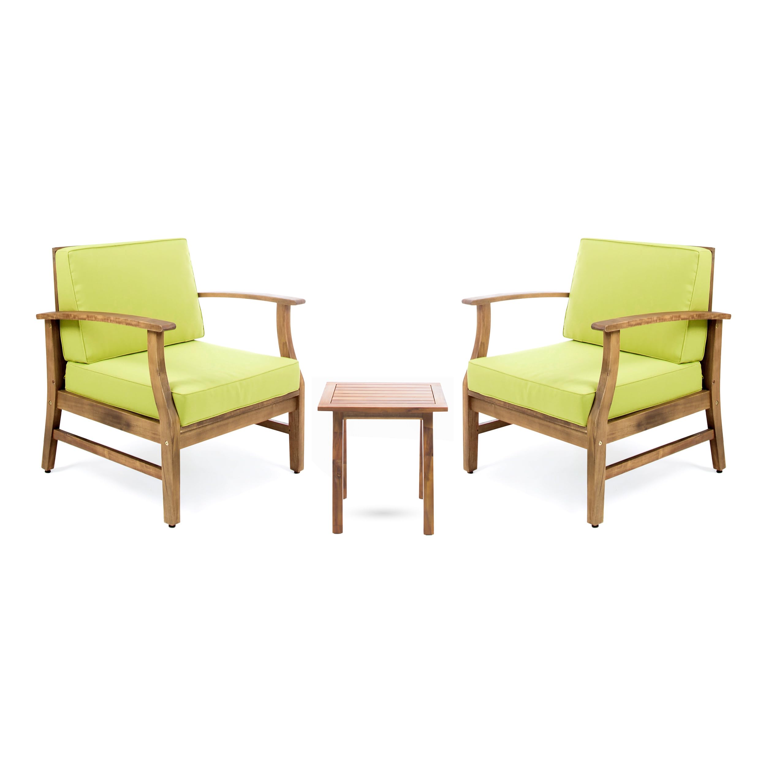 Christopher Knight Home Outdoor 2 Seater Acacia Wood Chat Set with Cushions, Teak and Green