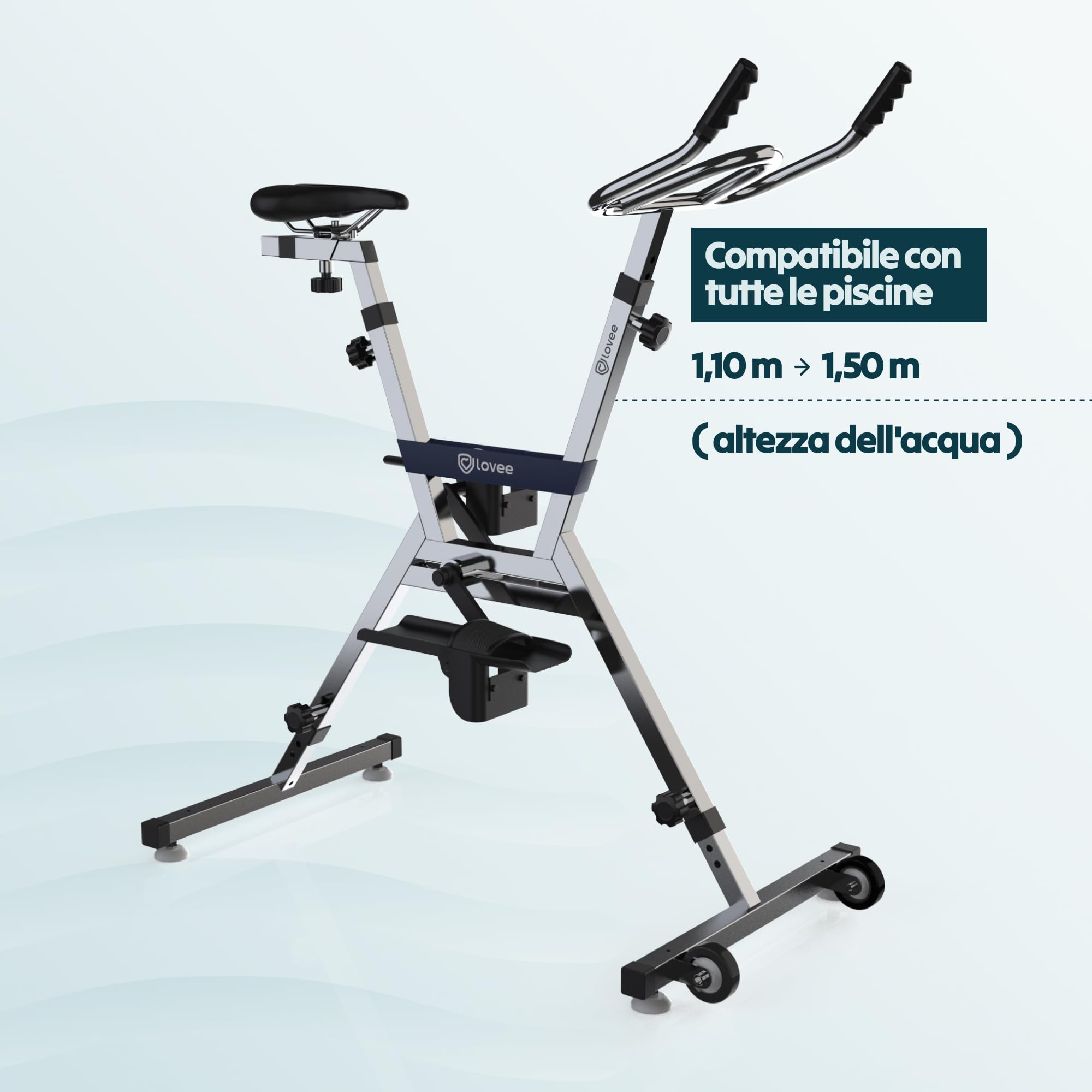LOVEE Aquabike V2 - Bicicletta da piscina doppia modalità sportiva e comfort, in acciaio inox 316, resistenza al cloro e all'acqua di mare, utilizzabile su tutti i rivestimenti, da 1,10 a 1,50 m di