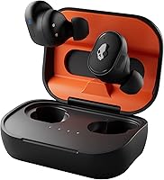 Skullcandy Grind Fuel Wireless Earbuds: 40H Battery, IP55 Waterproof, Wireless Charging, Skull-iQ App, Tile Tracking - True Black/Orange