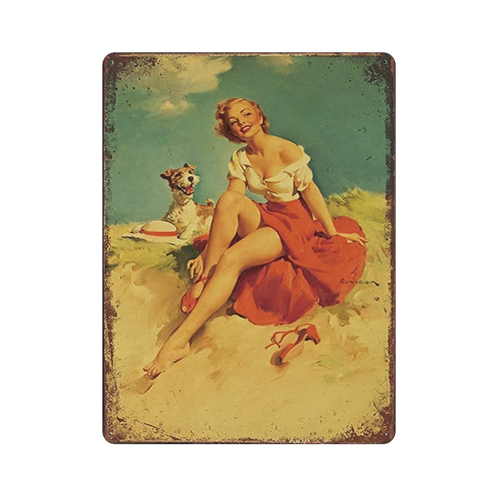 rayprint Metal Tin Sign Beauties And Dogs On The Beach Vintage Tin Poster Metal Sign Wall Decoration Country Kitchen Home Garage Decor 16"x12"