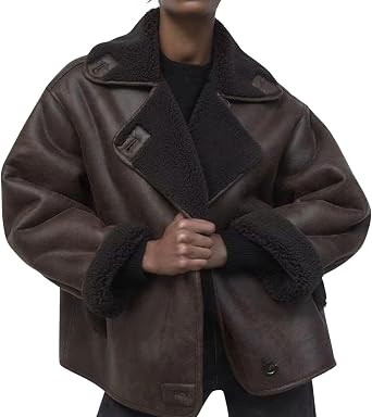 Women Thick Sherpa Lined Faux Suede Jacket Oversized Leather Coat Shearling Fleece Moto Jacket Biker Winter Overcoat