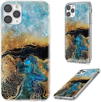 for iPhone 12/12 Pro Case, Slim Soft TPU Full Protective Clear Phone Cover with Art Design, Glitter Sparkle Shiny Pearl Luster Blue Gold Marble