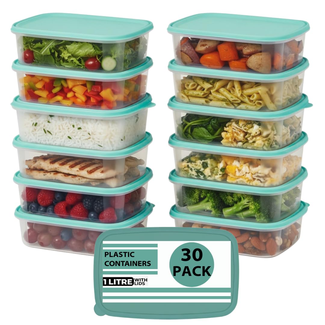 DRW 30-Pack 1L Airtight Meal Prep Containers with Green Lids – Leakproof, Microwave, Freezer & Dishwasher Safe, BPA-Free Food Storage Boxes (30)