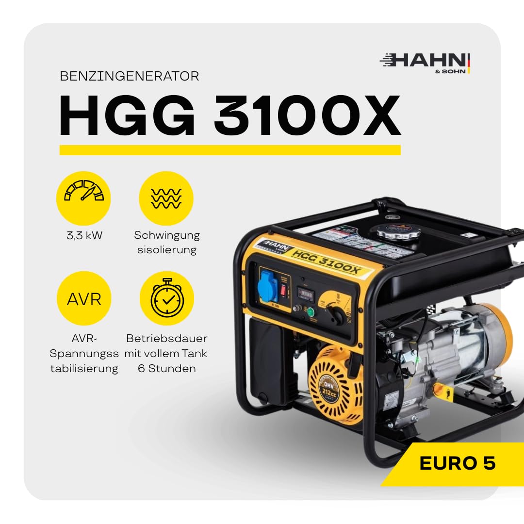 Generatore di corrente a benzina, 2,8 kW/3,3 kW, generatore di corrente silenzioso e portatile, unità di emergenza con AVR, durata 8 ore (con carico del 50%) e serbatoio da 9 l per casa, campeggio e