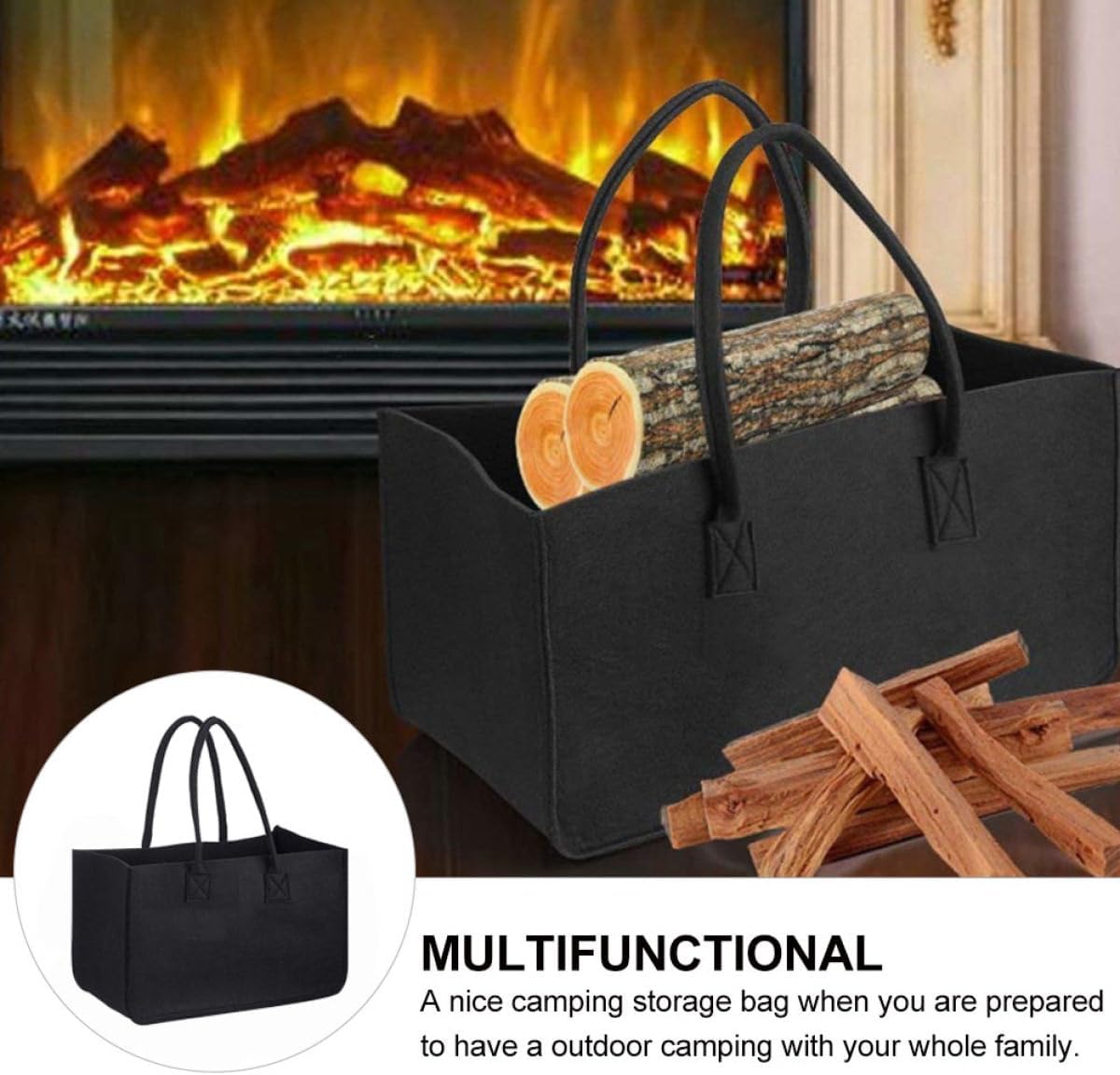 balacoo Portable Foldable Firewood Storage Bag, 50x25x25cm Black Felt Firewood Carrier Pouch for Outdoor Camping and Fireplace Log Holder
