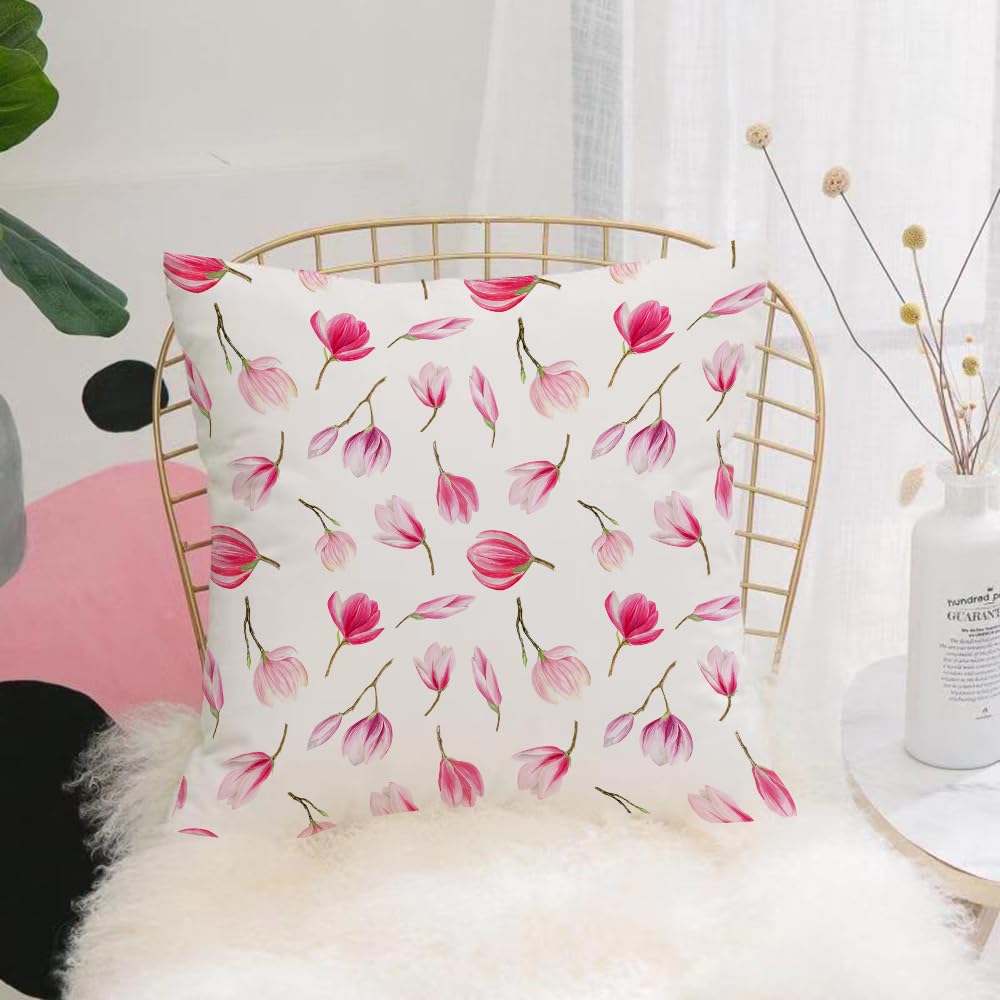 HYOSXW Cushion Cover,Throw Pillow Case Home Decorative for Living Room Bedroom Sofa Chair 16X16 Inch,finished image of a small seamless pattern of pink Magnolia flowers on a white,Pillowcase 40X40cm