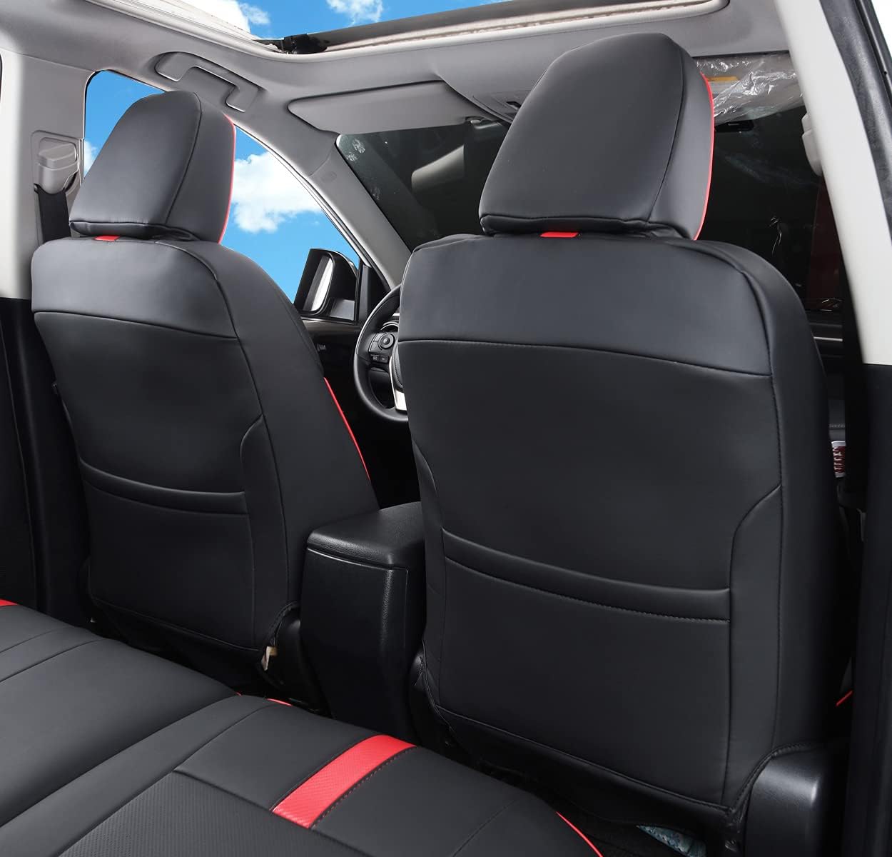 Custom Fit Car Seat Cover for Toyota RAV4 2013 2014 2015 2016 2017 2018 Waterproof Faux Leather (Black with Red Trim, LU2013-2018 RAV4)