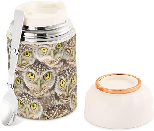 MCHIVER Burrowing Owls Head Food Jar with Spoon Stainless Steel Vacuum Insulated Food Container 17 oz Soup Thermos for Lunch