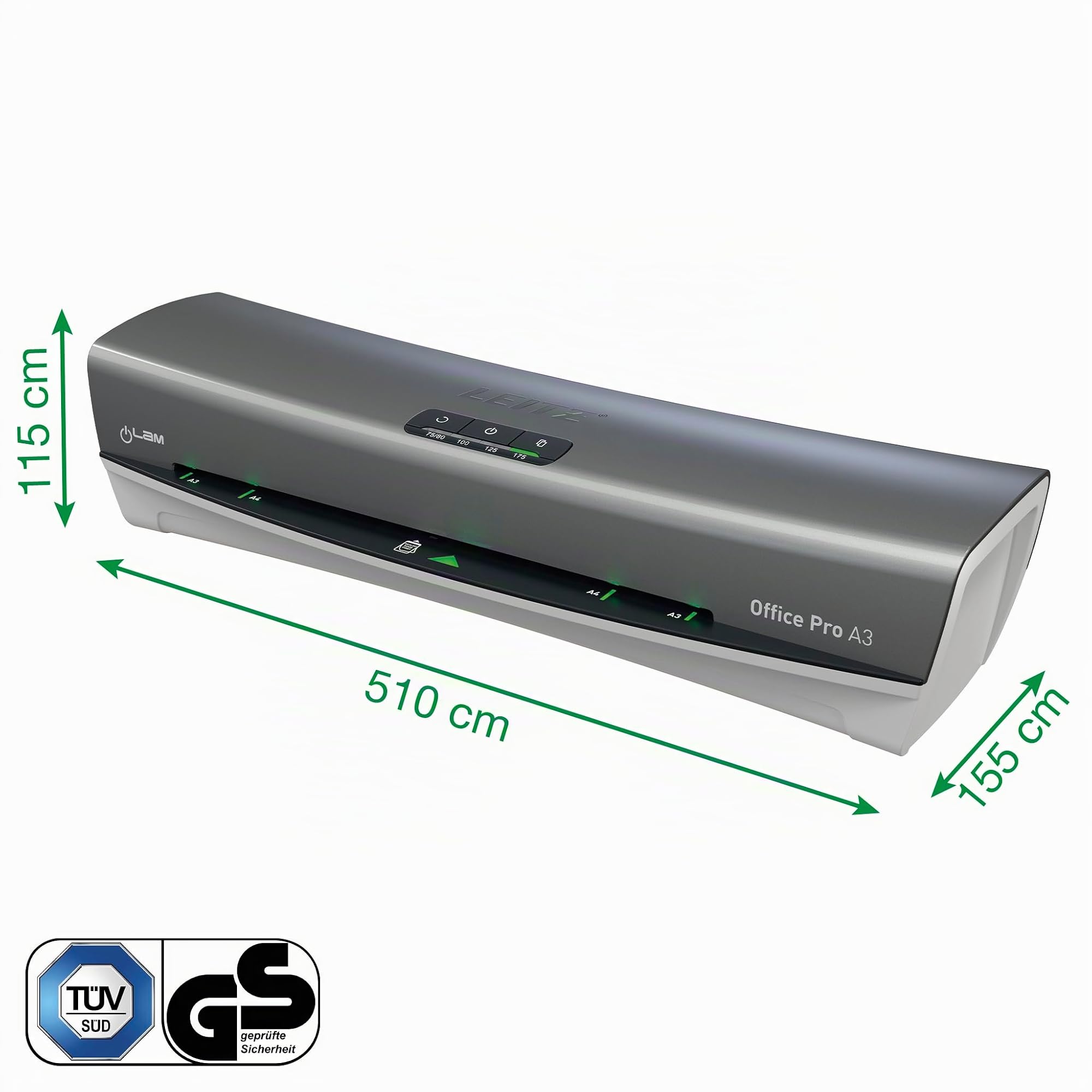 Leitz 75180084 -Plastificadora iLAM Office Pro A3, Calentamiento Ultra Rápido 1 Minuto, 75-125 Micras, Indicador LED Inteligente, Apagado Automático, Incluye 5 Fundas A4 para Plastificar, Gris/Blanco