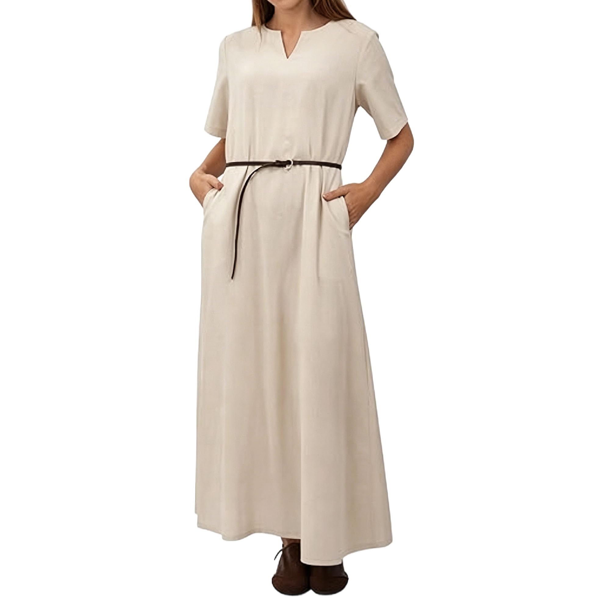 Vestido largo recto suelto tipo túnica para mujer, cuello con muesca, manga corta, liso, para uso diario, ligero