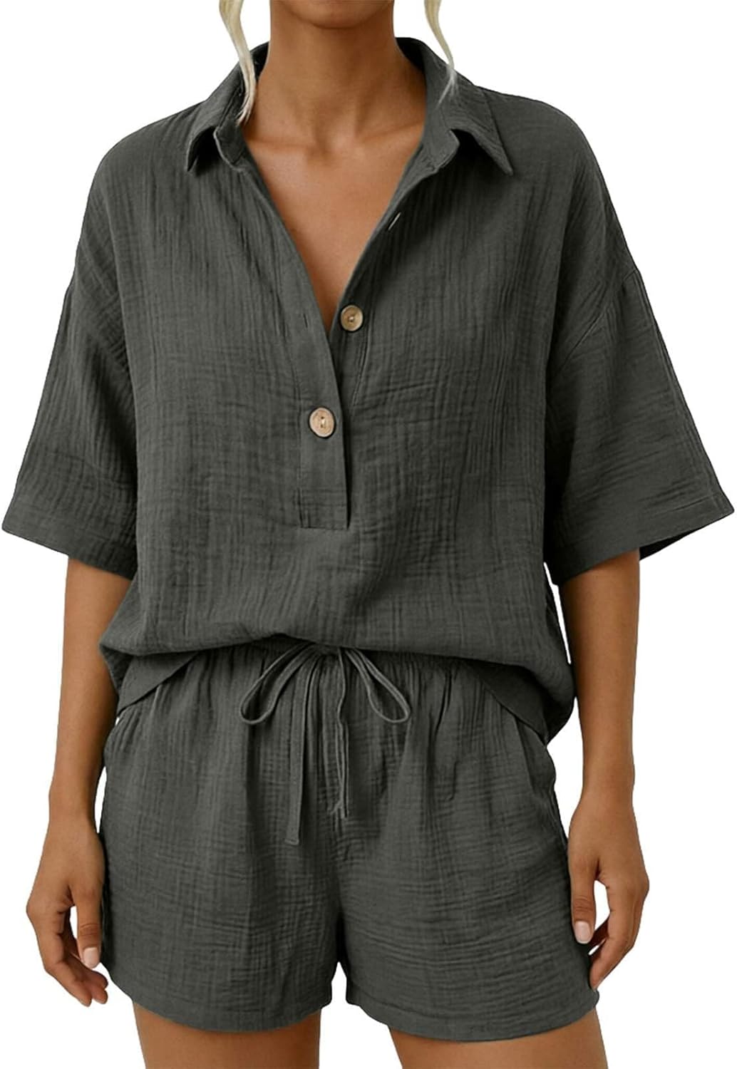 Women's Casual Short Sleeve Button down Shirt and Drawstring Shorts Loose Loungewear Set Vacation Beach Lounge Sets