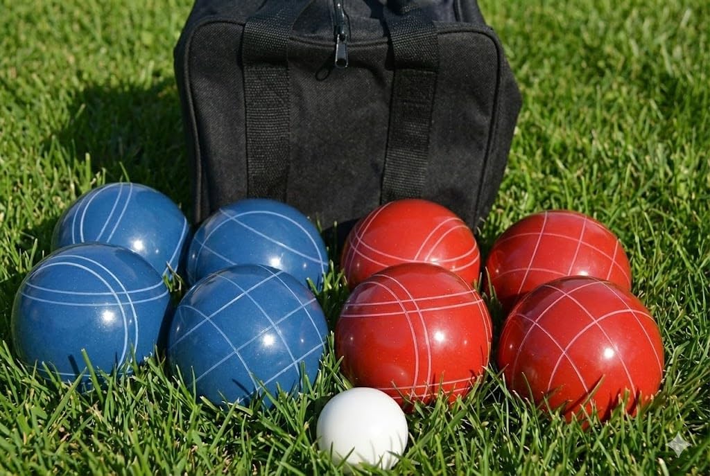 BuyBocceBalls Listing - Made in USA, Premium Quality Tournament Bocce Set - 110mm Blue and Red Balls, Nylon Black Bag, 998 Grams (2 lbs. 3.2 oz.). Various Bag Colors