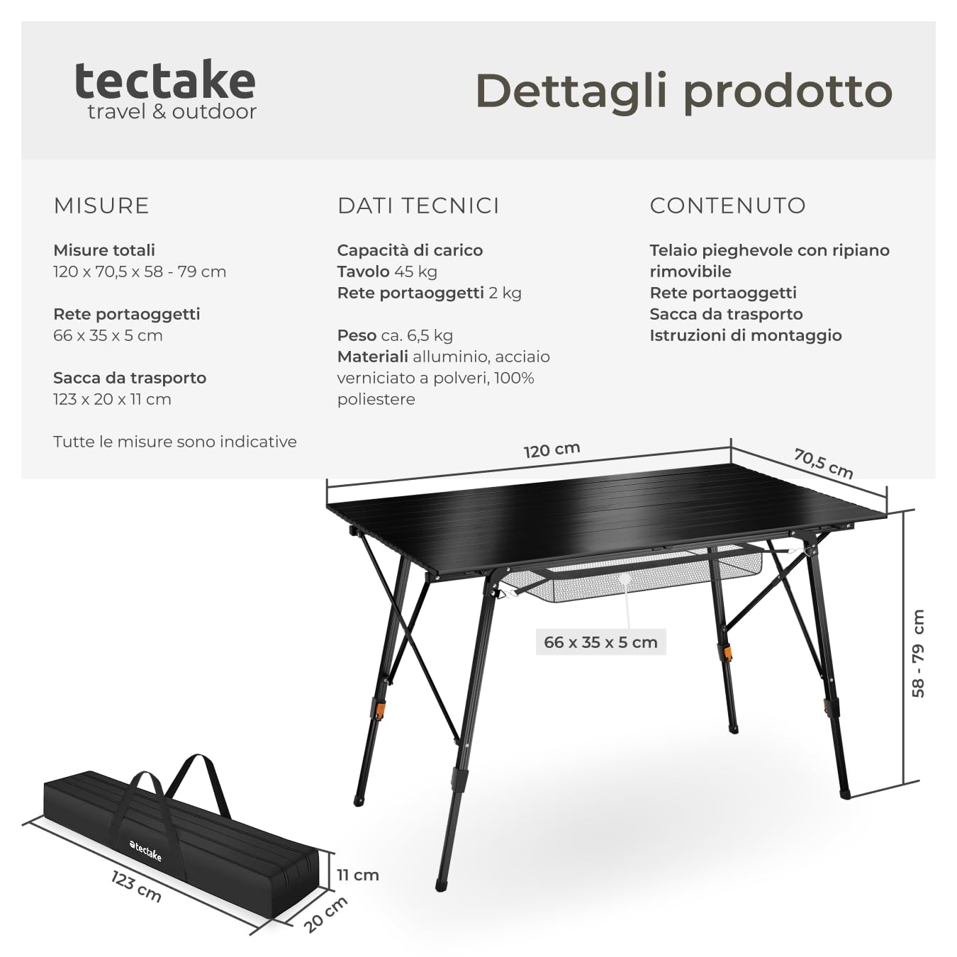tectake® Tavolo da Campeggio in Alluminio Pieghevole Bastian, Regolabile in Altezza, Tavolo, Alluminio, Tavolo Richiudibile, Rete Portaoggetti, Tavolo Pieghevole Campeggio - Nero