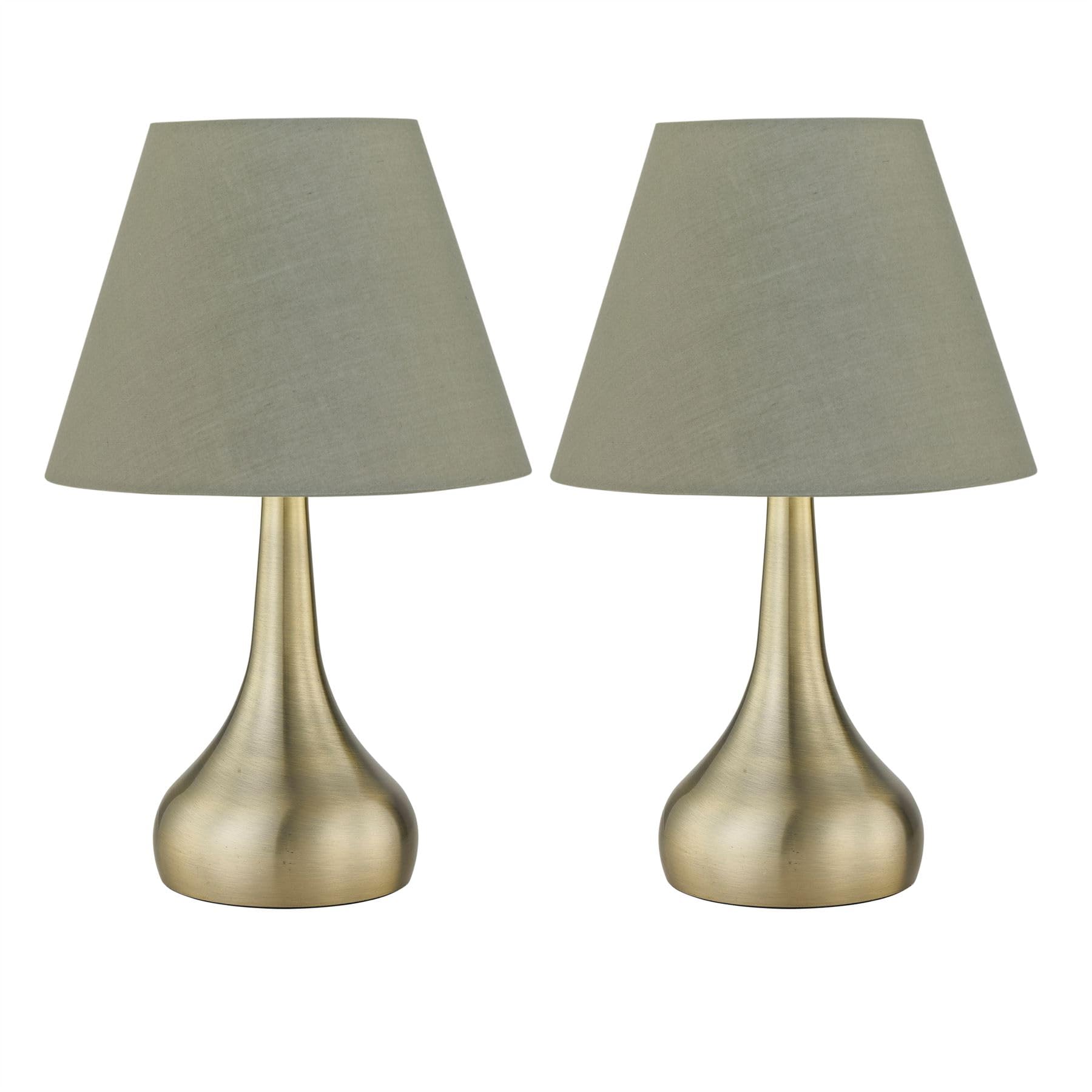 Firstchoicelighting Antique Brass & Green Set Of 2 Antique Brass Touch Operated Table Lamps Or Bedside Lights, Modern Design, Height 33Cm, Sage Green Shade, Led Compatible