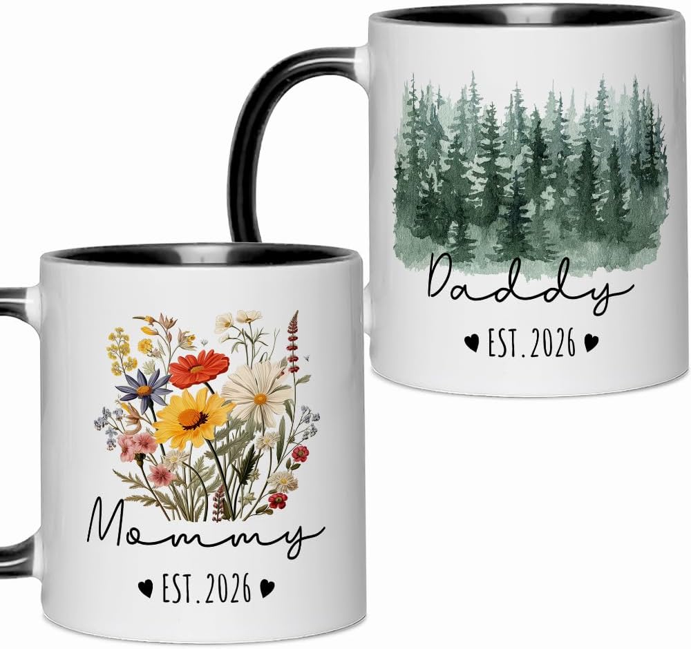 Daddy Mommy Est.2026 Mug Set, New Parents Gifts First Time 2026, Pregnancy Announcement Mug Set, Baby Announcement Gifts For Dad Mom Est 2026 Tea Cup 11 OZ