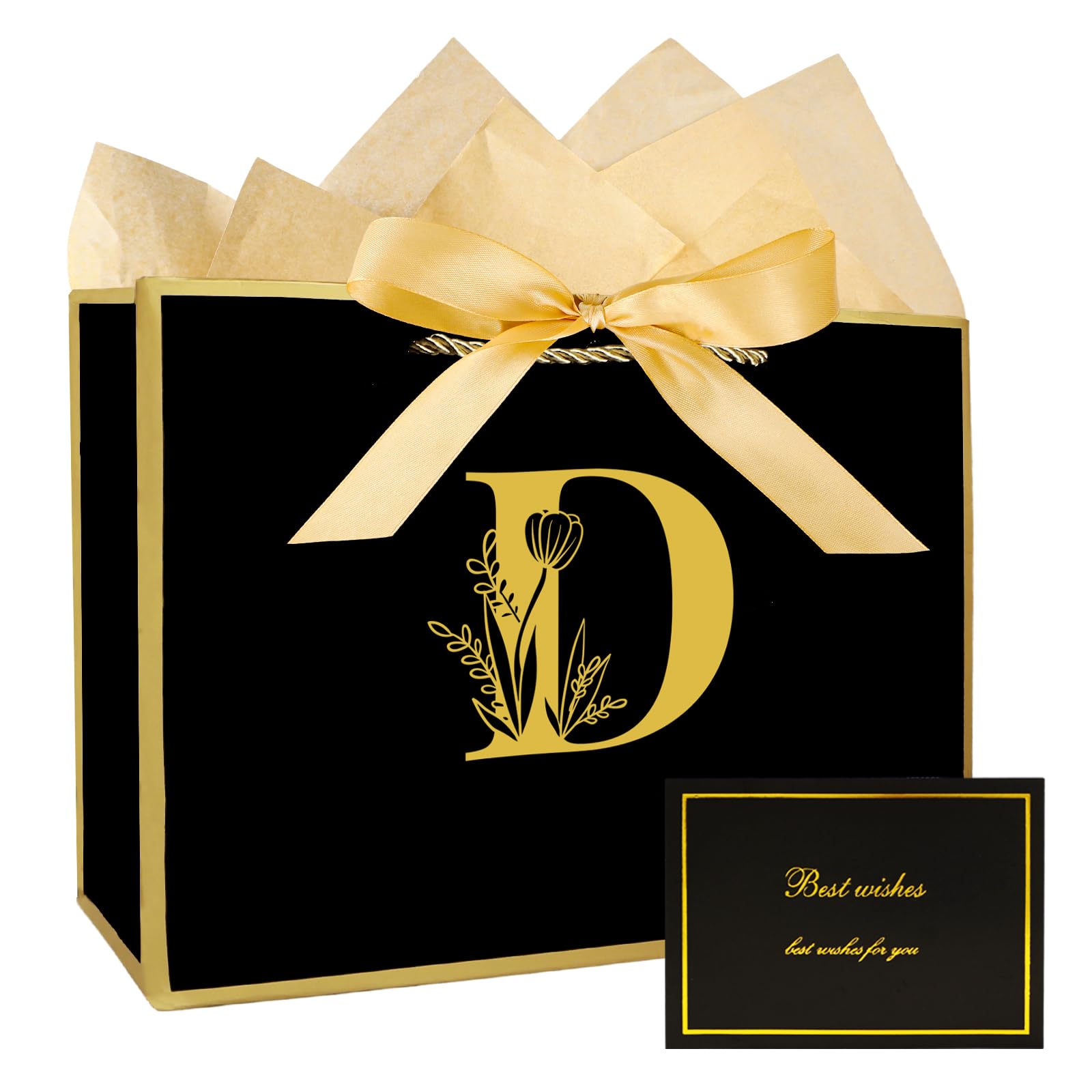 JEKUGOT Birthday Gift Bag for Men Women, Black Medium Gift Bags for Presents, Personalized Gifts Bags for Baby Shower, Weddings and Girls Birthday Party with Wrapping Paper and Card (Black D)