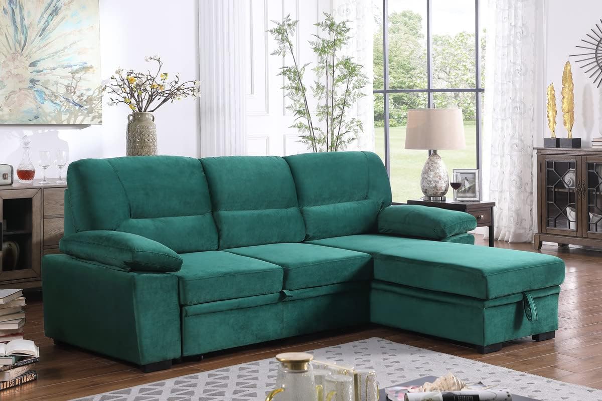 Lilola Home Kipling Green Velvet Fabric Reversible Sleeper Sectional Sofa Chaise