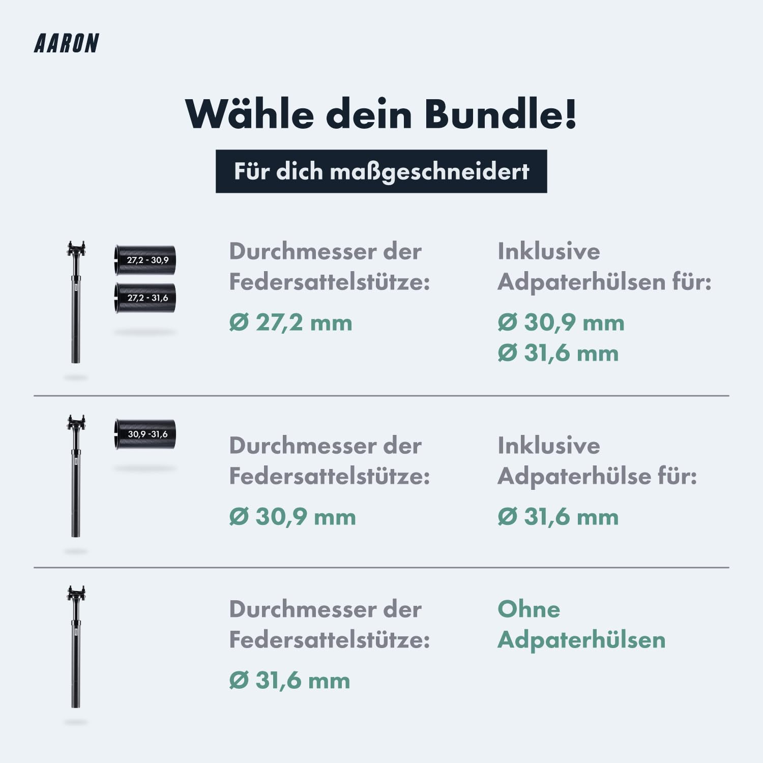 AARON Shock Federsattelstütze mit 27,2, 30,9 oder 31,6 mm Durchmesser - Gefederte Aluminium Sattelstütze mit 350mm Länge - Fahrrad Sattelstütze gefedert für E-Bike, MTB, Downhill, Trekking Citybike