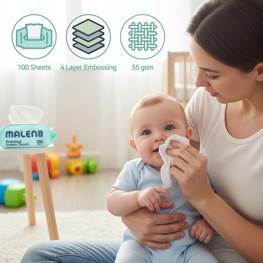Sensitive Baby Wipes, Plenty of 10-Stage Purified Clear Water, Naturally Derived Ingredients, Unscented, Hypoallergenic, Korean Standard, 10 Flip-Top Packs (1000 Wipes Total) Green 55 gsm
