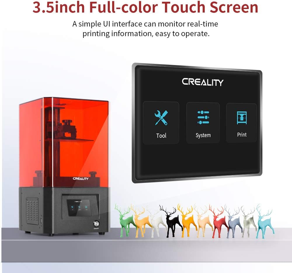 Creality LD-002H 3.5-inch full-color touch screen displaying tool, system, and print options
