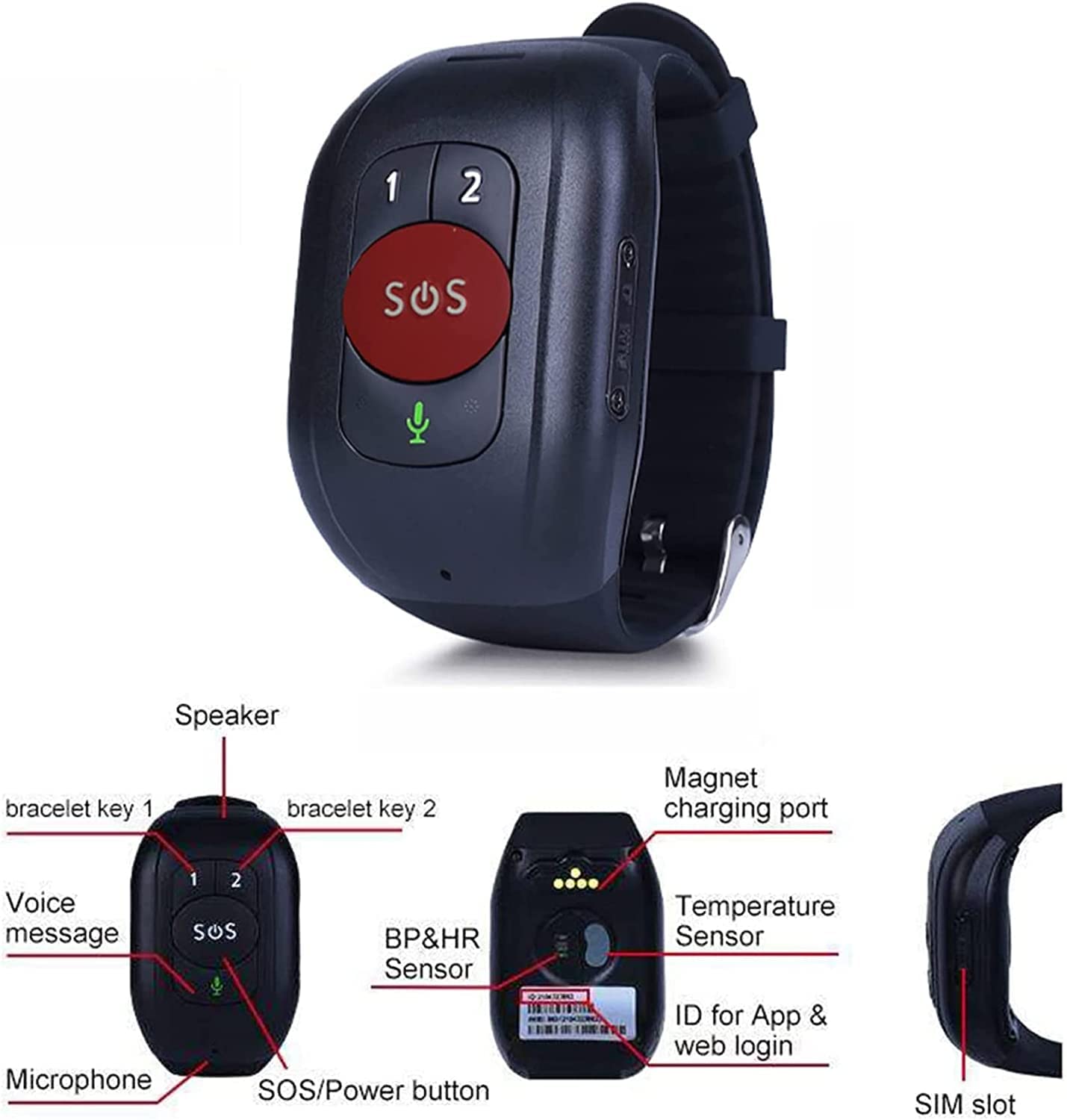 Conectado con la Pulsera Detector de caídas Botón de pánico SOS para Ancianos GPS 4G Llamadas GPS Tracker IP67 Impermeable Podómetro
