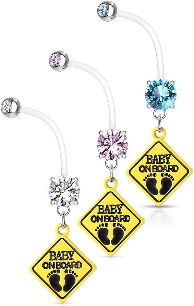 Pierced Owl - Double Jeweled Baby on Board Sign Dangle Pregnancy Maternity Bioflex Belly Button Ring Retainer