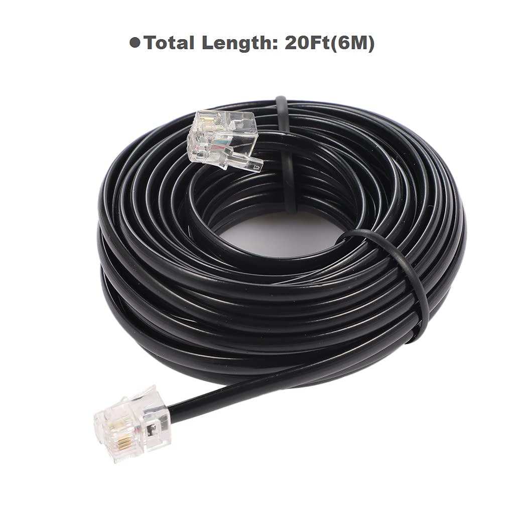 6 m langes Telefon-Verlängerungskabel mit Standard-RJ11-6P4C-Steckern für Festnetztelefon, 6 m, Schwarz, 2 Stück