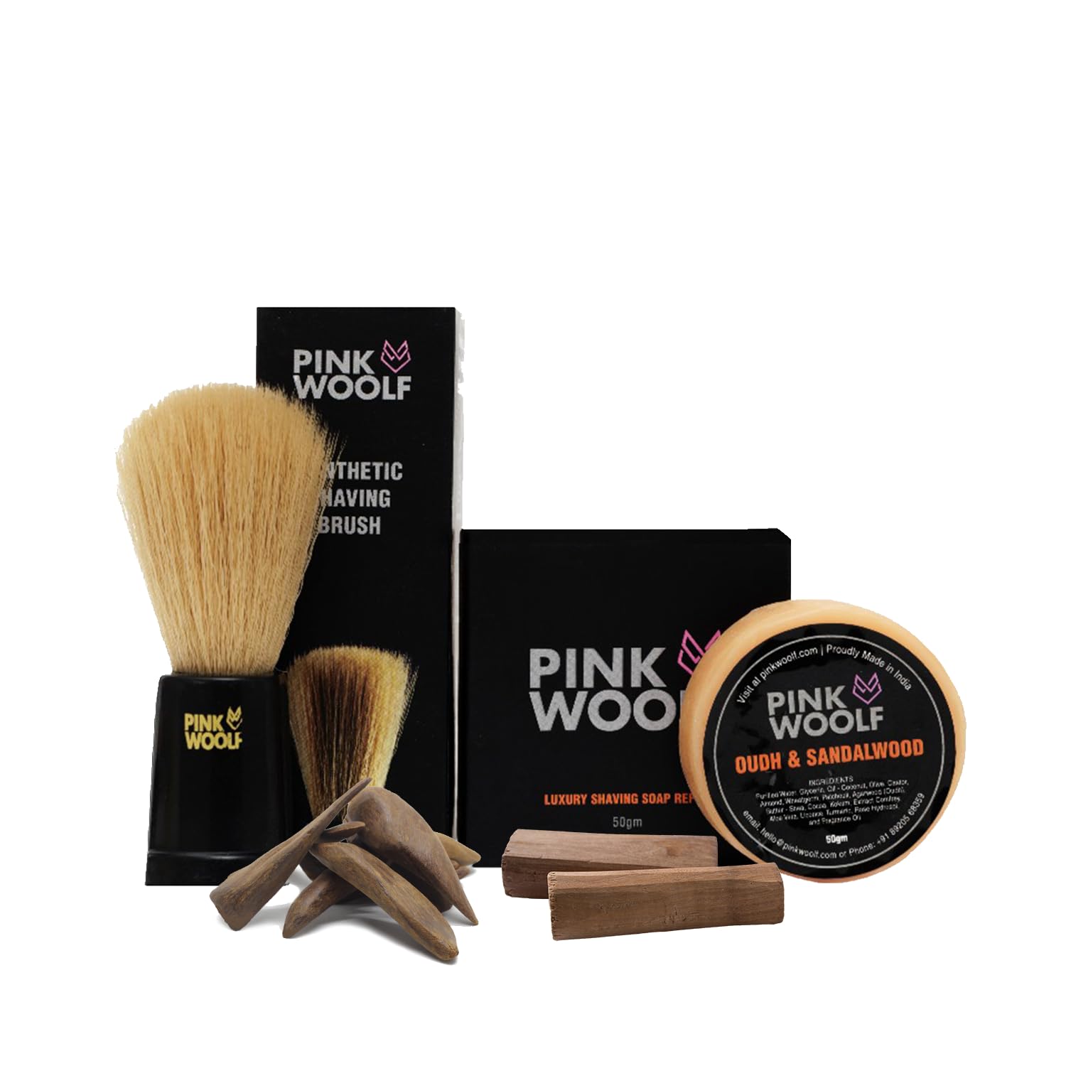 - Pink Woolf Velvet Soft Bristle Shaving Brush & Shaving Soap Combo | Oudh & Sandalwood 50g (REFILL) | Rich Lather & Smooth Shave | Suitable for All Skin Types (Pack of 2)