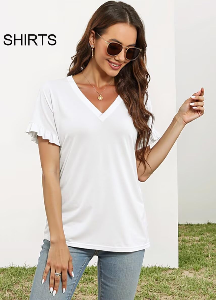 Valiamcep T Shirts Short Ruffle Sleeve V Neck Tees Womens Tops Beach Vacation 2026 Casual Summer Spring Outfits - Image 6