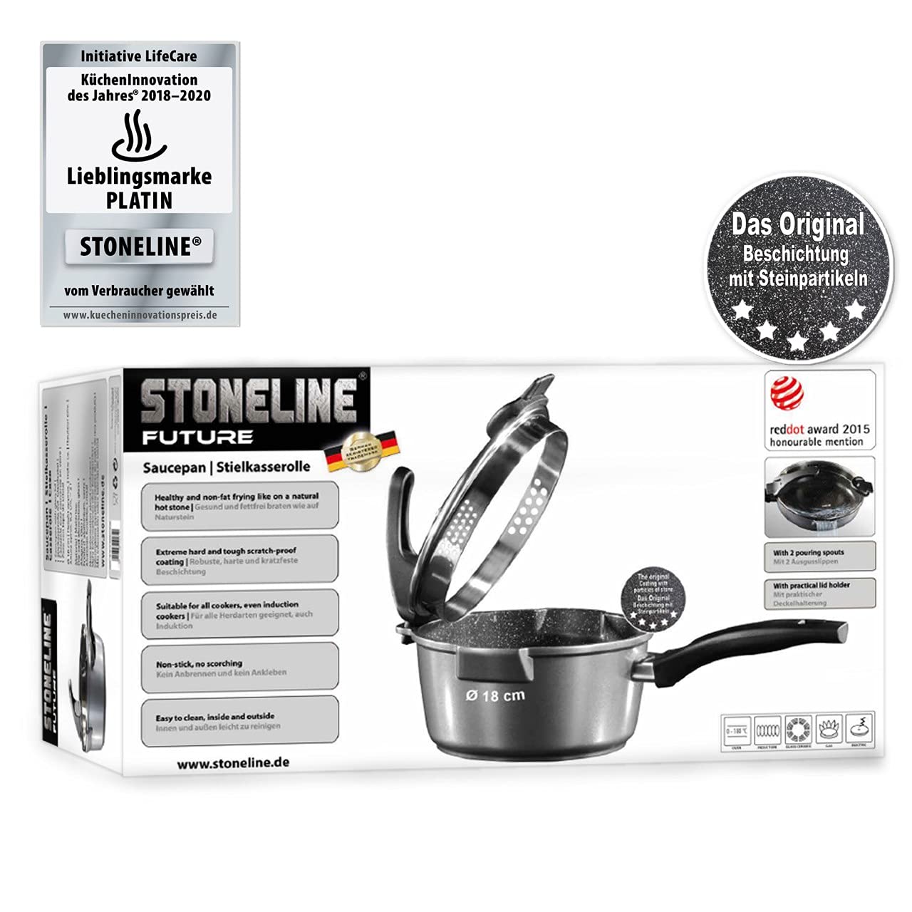 STONELINE Future Aluguss Stielkasserolle mit Deckel und Sieb-Funktion 18 cm, 2 L, Kleiner Topf Induktion für alle Herdarten, Milchtopf Kochtopf antihaftbeschichtet mit echten Steinpartikeln, Grau