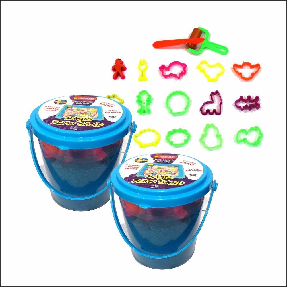 RabbitRabbit Magic Flow 1KG Play Sand Bucket for Kids – Includes 20 Fun Moulds, Roller & Cutter | Soft, Mess-Free Sand for Creative Play & Sensory Fun | Age 5+ (Blue-Blue)