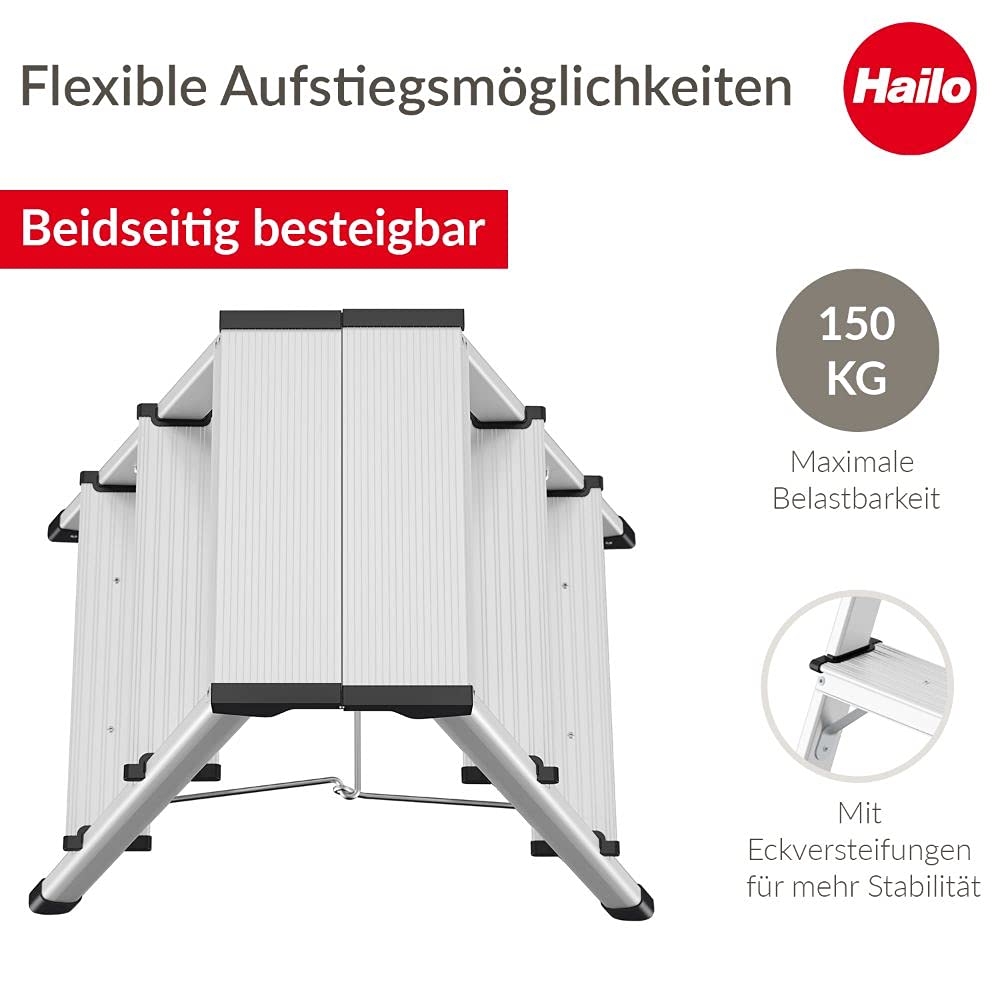 Hailo D60 StandardLine Alu-Klapptritt-Leiter - 2x3 Stufen belastbar bis 150 kg - Trittleiter mit Klappsperre - Füße mit Soft-Grip-Sohle - platzsparend zusammenklappbar - Aluleiter rostfrei - Silber