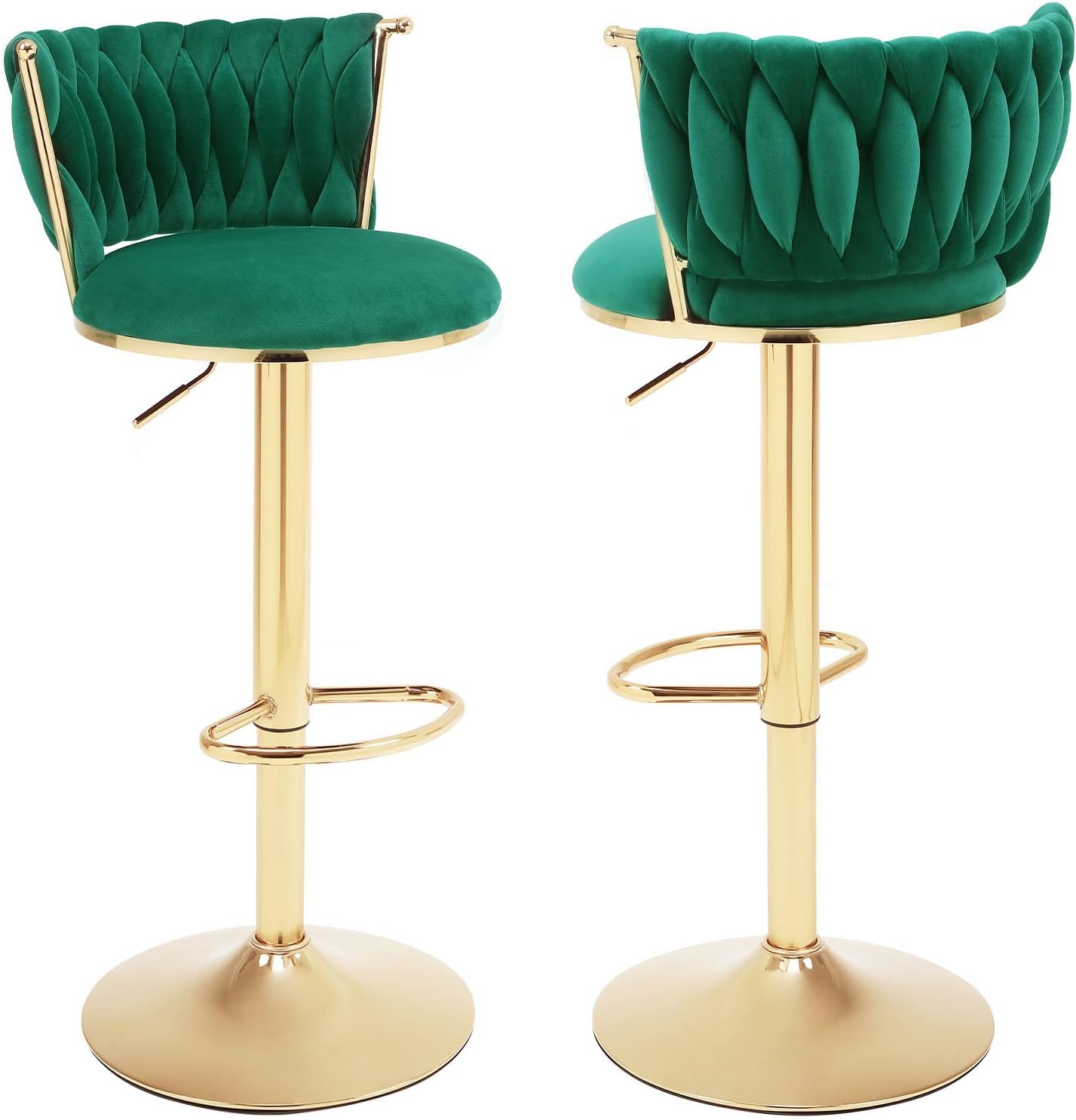 Velvet Bar Stools Set of 2,360° Woven Modern Gold Bar Stools,Swivel Adjustable Height Barstools with Backs Gold Metal Tall Kitchen Counter Chairs for Bar Pub Cafe(Green*2)