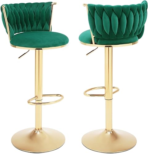 Juego de 2 taburetes de bar de terciopelo modernos tejidos en 360, taburetes de bar giratorios de altura ajustable con respaldo, sillas altas de