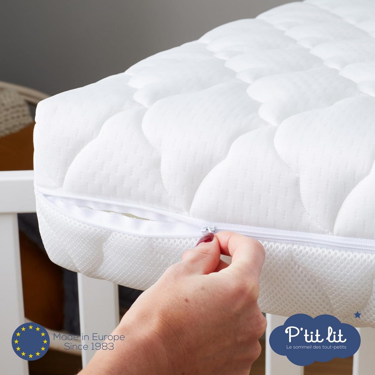 P'TIT LIT - Matelas Bébé Parfait - 60x120 cm - 2 Faces : Ultra Respirant l'Été/Chaud et Douillet l'hiver - Anti Acarien - Déhoussable - Oeko Tex® - Fabrication Française - EP. 10 cm